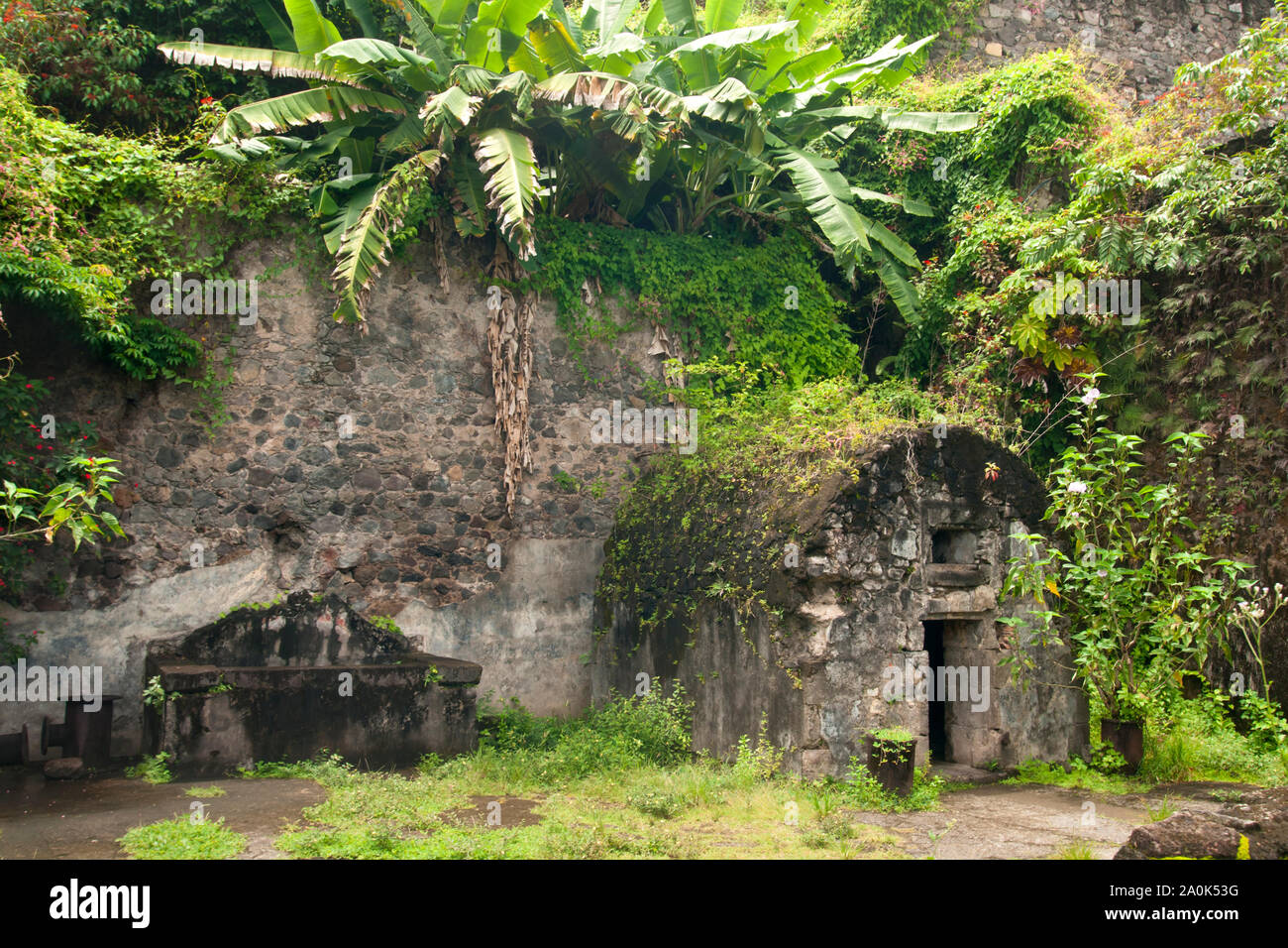 Ruins of a the prison cell that protected the lone survivor of the  Pelee volcano that erupted in 1902, Martinique, French West Indies Stock Photo
