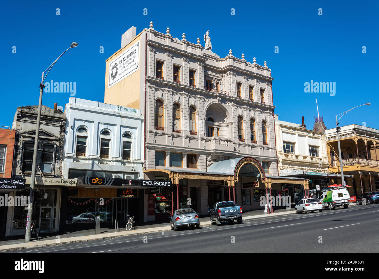Ballarat, Victoria, Australia - March 8, 2017. Street view on Sturt Street in Ballarat, VIC, with Victorian buildings and cars. Stock Photo