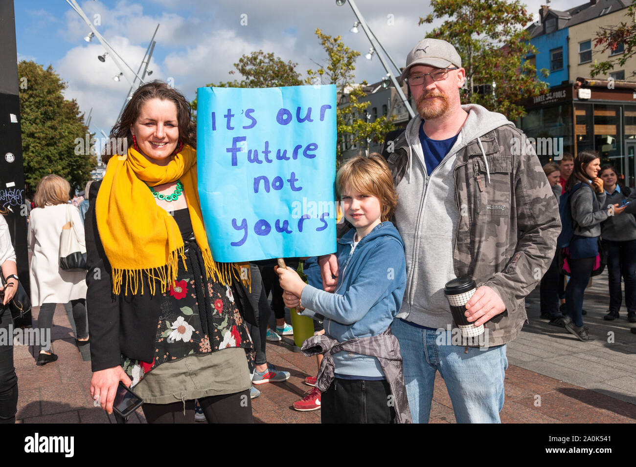 Cork City, Cork, Ireland. 20th September, 2019. Rachel O'Sullivan, Cormac O' Sullivan Devonshire and Tom Devenshire who took part in the 20th Global  Climate Strike that was held in Cork City, Ireland. Credit: