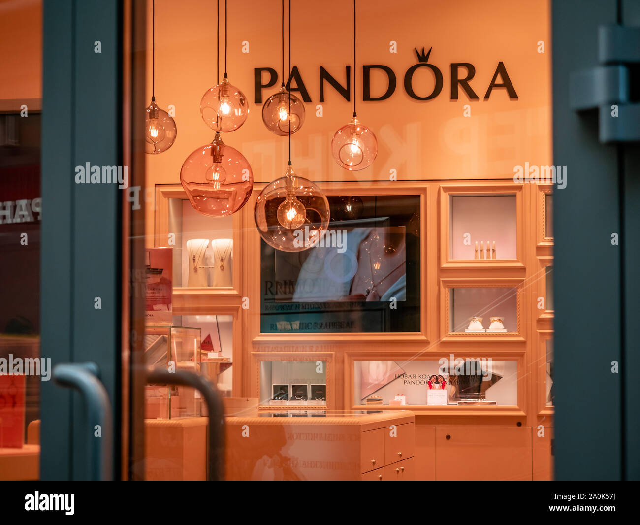 Moscow Russia September 14 2019 Showcase of Pandora jewelery