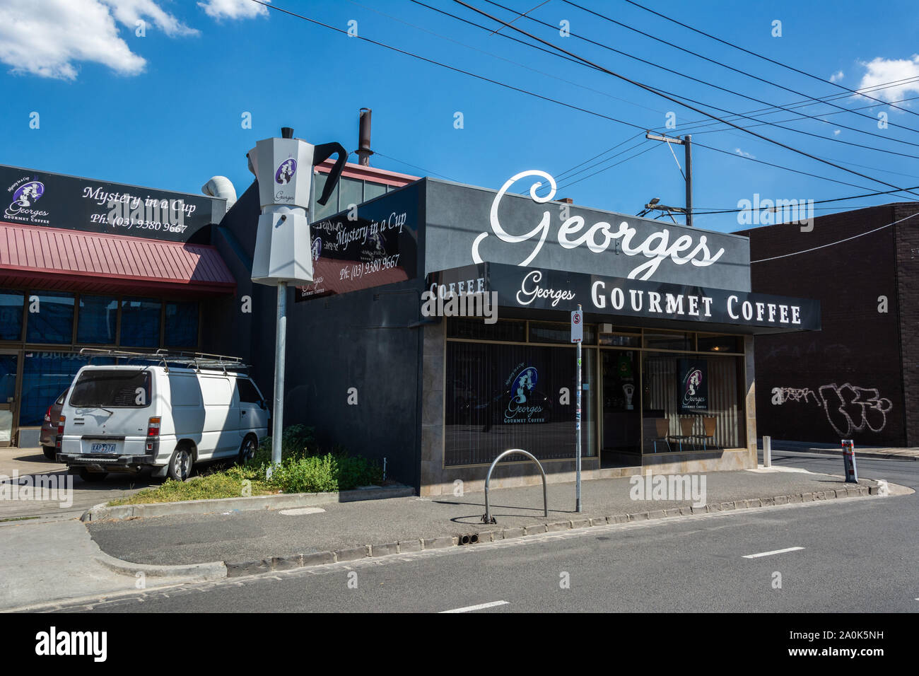 Brunswick, Melbourne, Victoria, Australia – March 8, 2017. The site of the Big Coffee Maker in Brunswick suburb of Melbourne, with a coffee house and Stock Photo