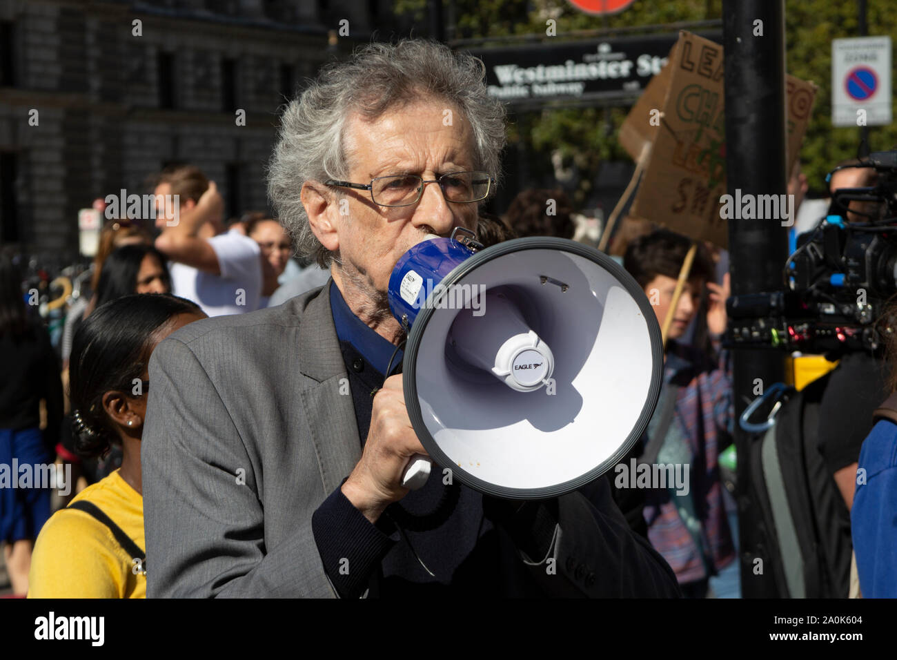 Westminster, London UK. 20 September 2019. Global Climate Strike Protest: Piers Corbyn, brother of Labour leader Jeremy Corbyn MP outside Parliament. Stock Photo
