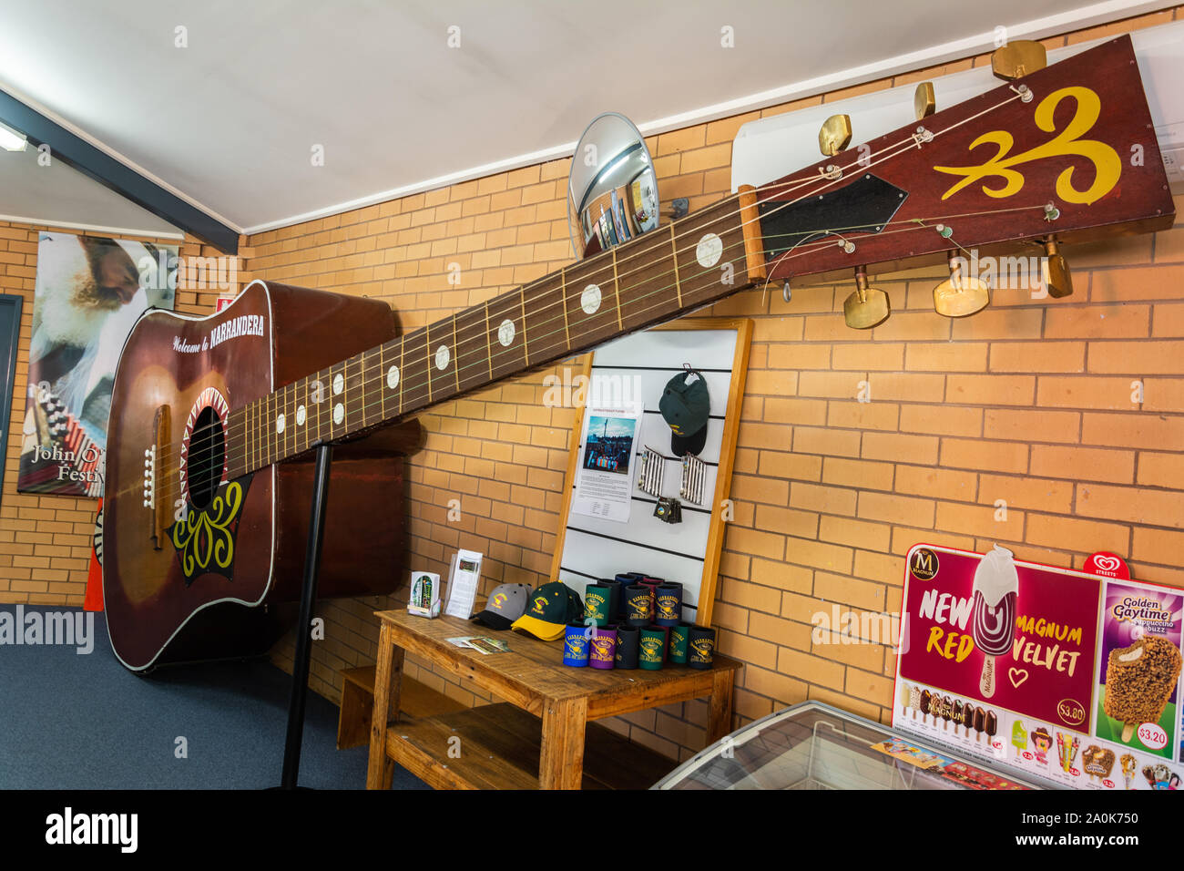 Narrandera, New South Wales, Australia - March 11, 2017. The Big Playable Guitar on display at the Narrandera Visitor Information Centre. The guitar w Stock Photo