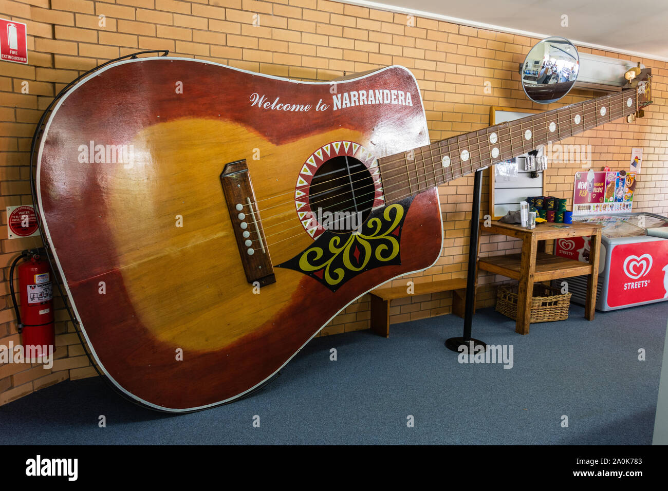 Narrandera, New South Wales, Australia - March 11, 2017. The Big Playable Guitar on display at the Narrandera Visitor Information Centre. The guitar w Stock Photo