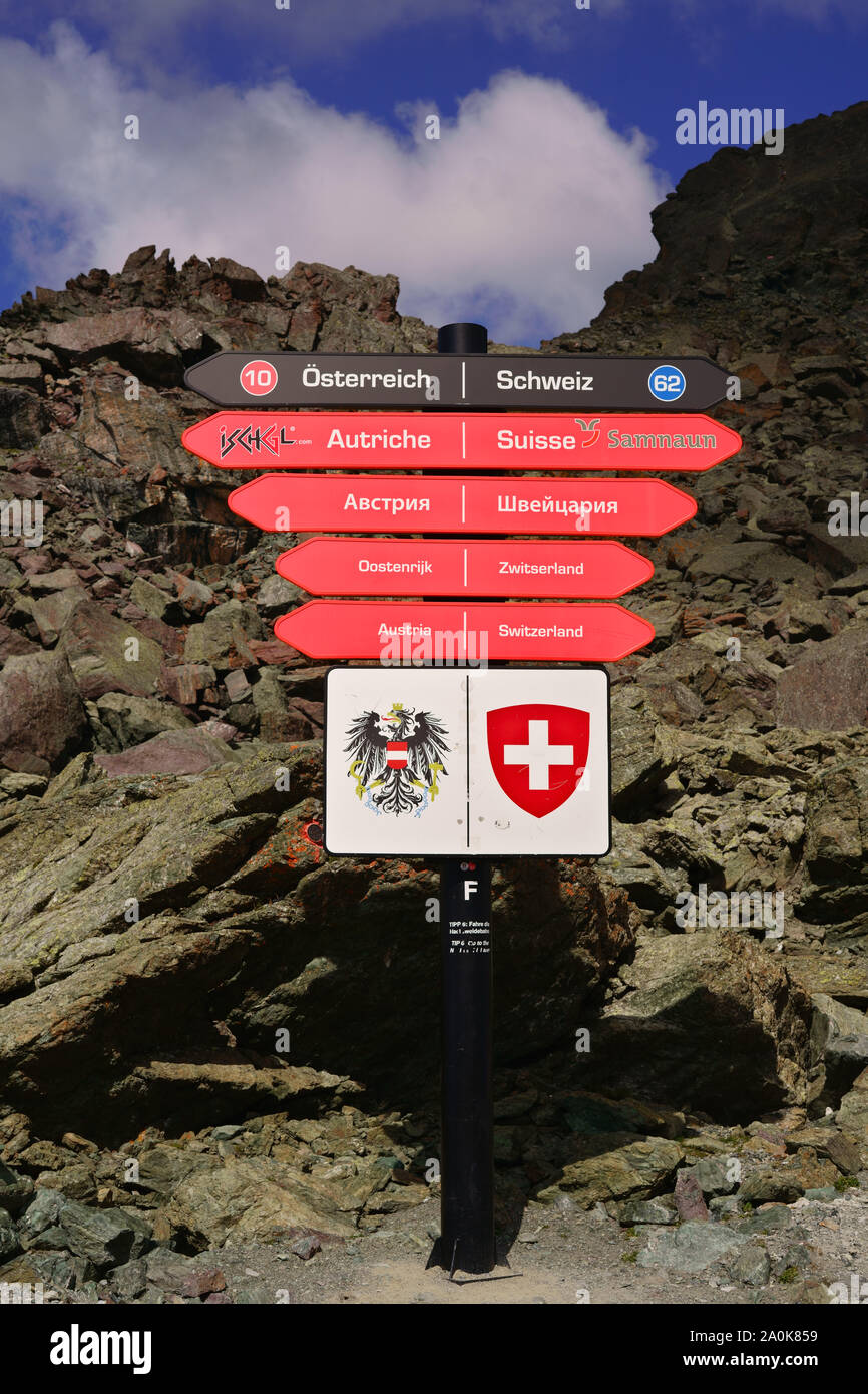 The border between Austria and Switzerland in the Silvretta Alps. The Austrian province of Tyrol borders the Swiss canton of Grisons. Stock Photo