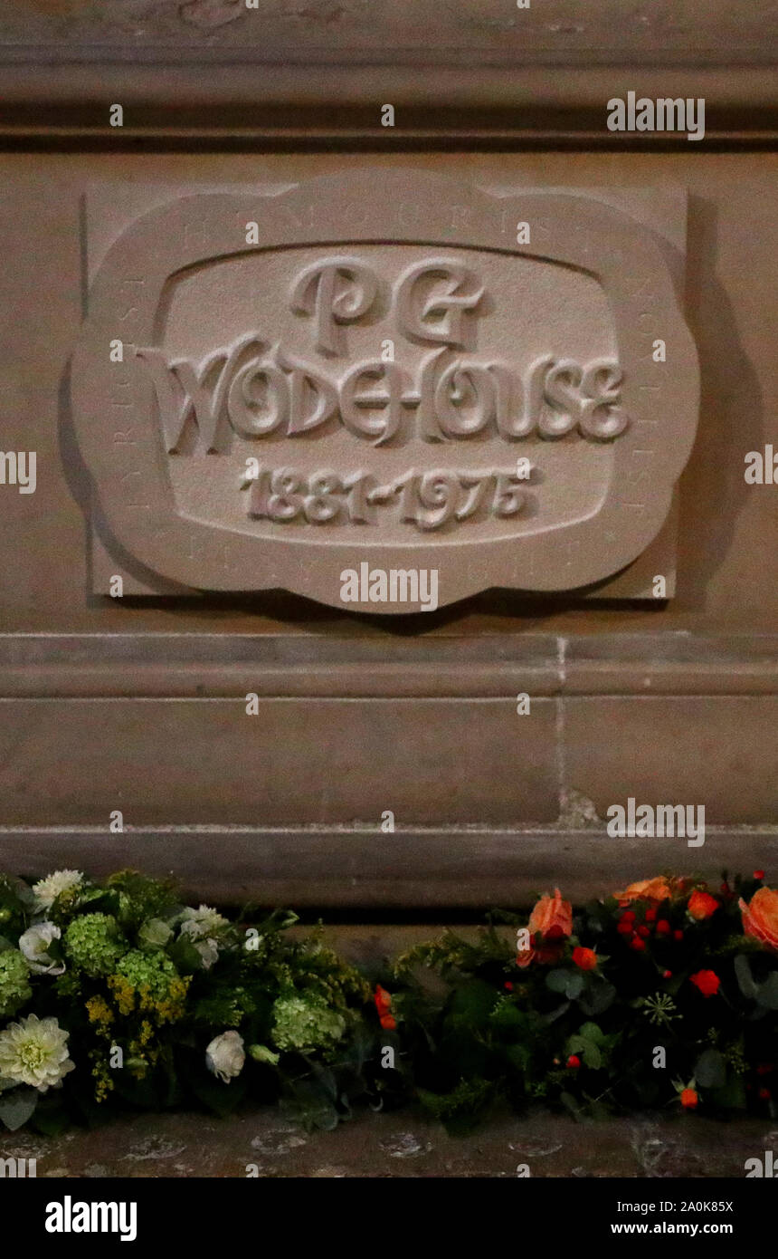 A memorial stone dedicated to PG Wodehouse prior to a service at Westminster Abbey, London. Stock Photo