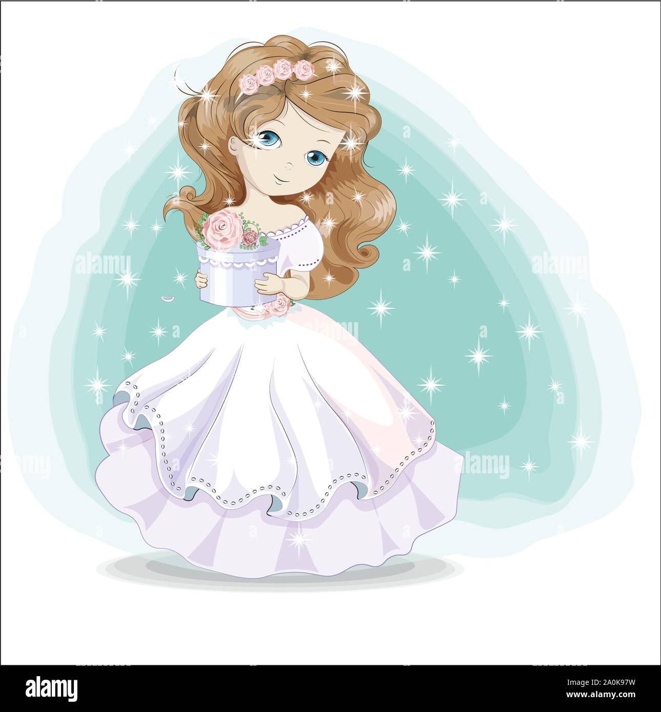 beautiful charming little princess in white dress with gift. The