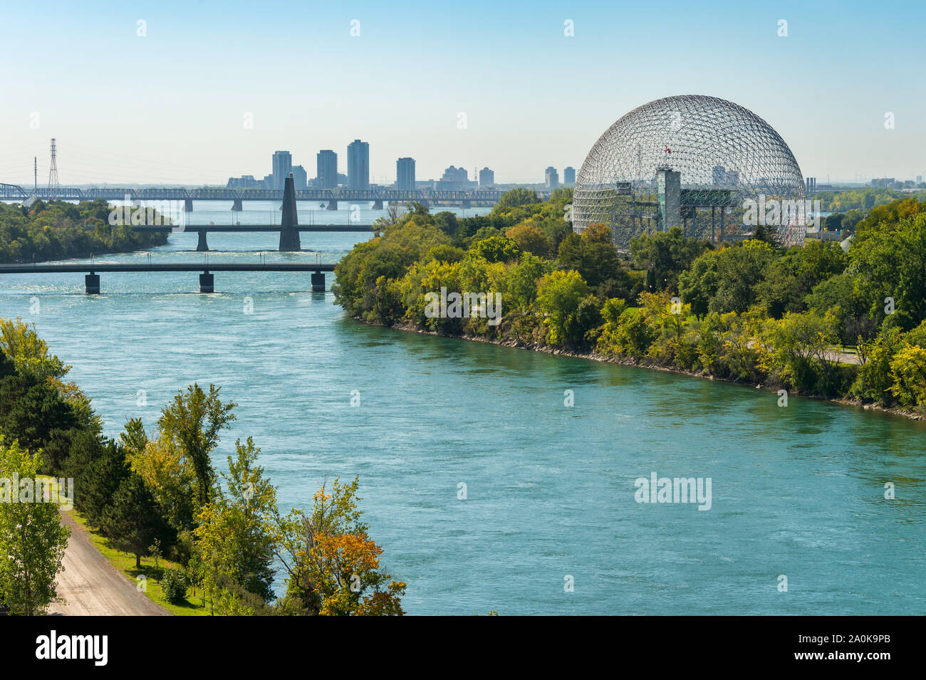 Montreal, CANADA - 19 September 2019: Biosphere & Saint-Lawrence River from Jacques-Cartier Bridge. Stock Photo