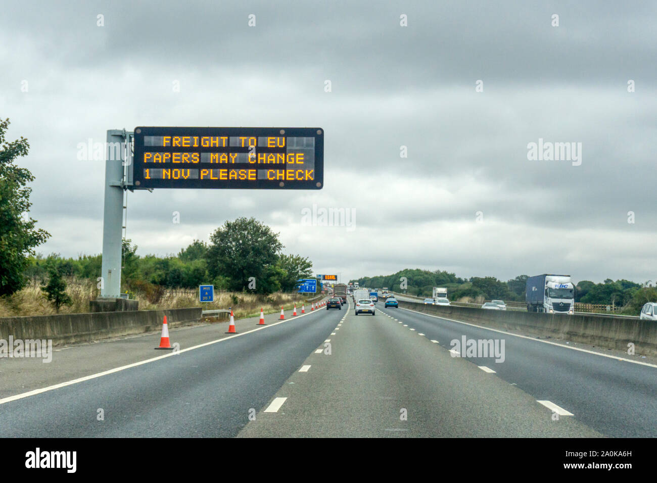 A motorway sign warns lorry drivers that they may need new documents following the UK leaving the EU on 31 October 2019. Stock Photo