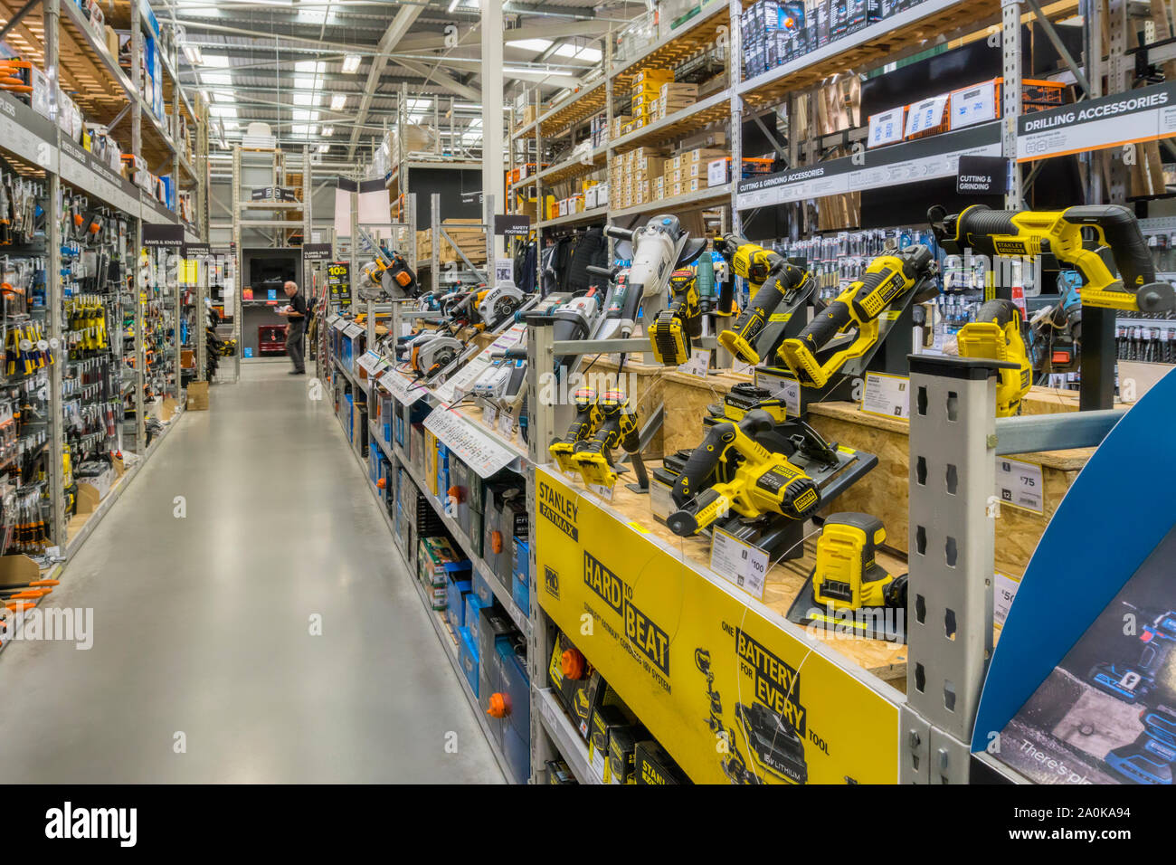 Racks and displays of tools for sale in a B&Q DIY warehouse. Stock Photo