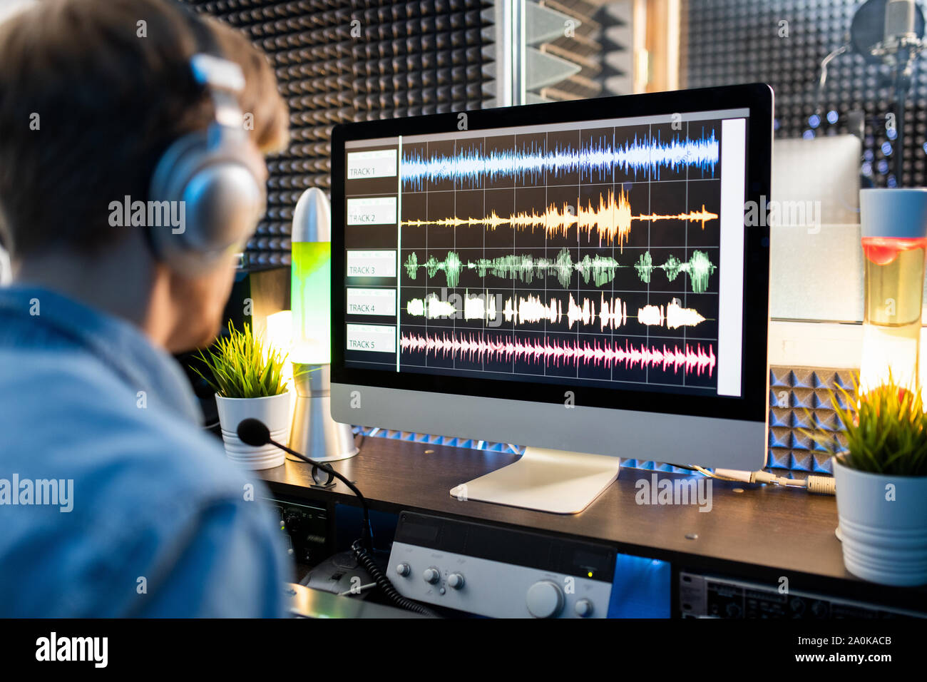Waveform sound visualization on computer screen with audio editor in ...