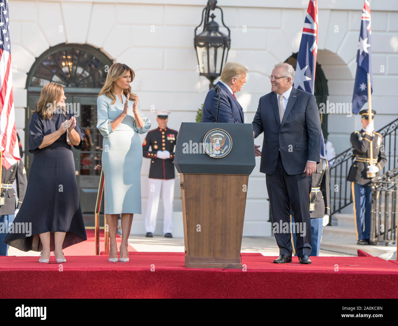 President Donald J Trump welcomes Australian Prime Minister Scott Morrison and his wife, Jennifer, to the White House in Washington DC. Stock Photo