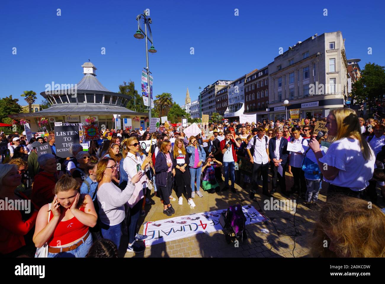 Hundreds in Bournemouth joined in the Global Climate Strike 20TH September 2019. With a gathering in Bournemouth Square a call  was made for action on stopping the effects of Climate Change.  The Global Strike was on an international scale. Stock Photo