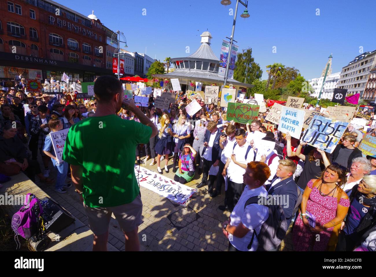 Hundreds in Bournemouth joined in the Global Climate Strike 20TH September 2019. With a gathering in Bournemouth Square a call  was made for action on stopping the effects of Climate Change.  The Global Strike was on an international scale. Stock Photo