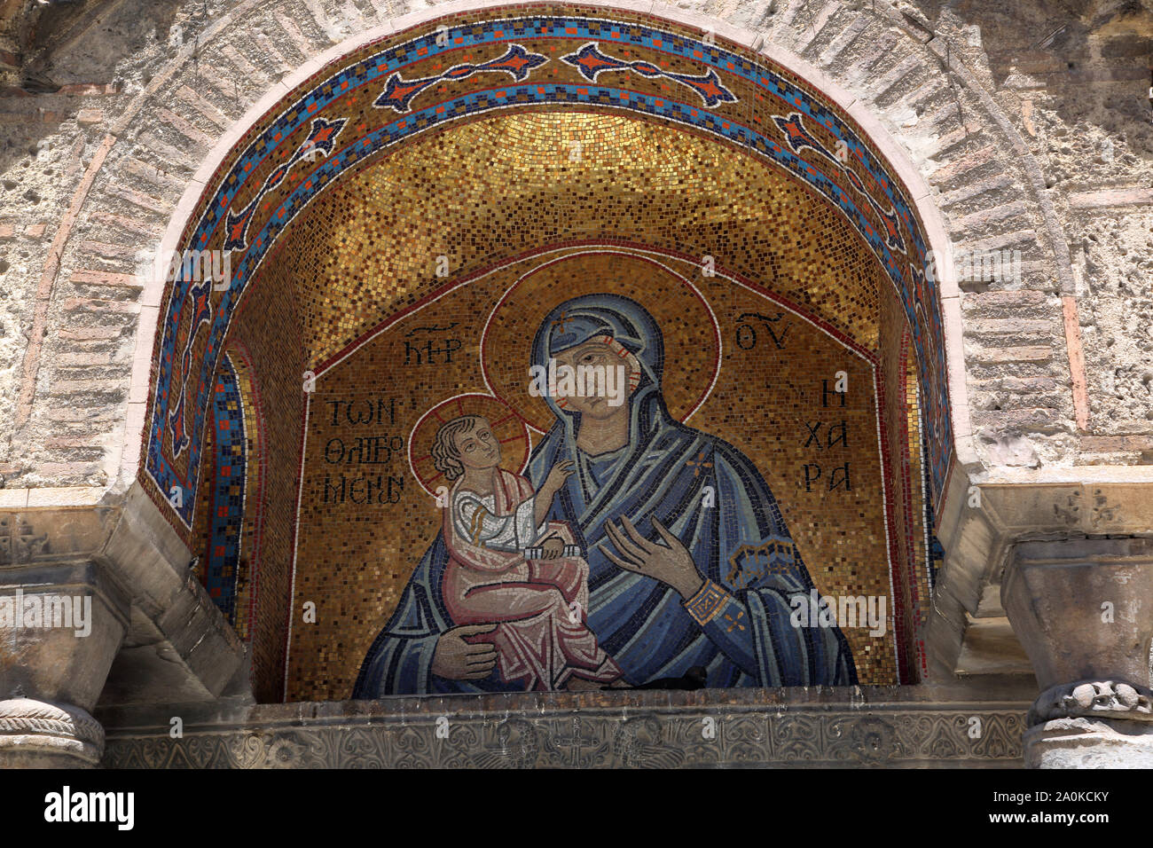 Athens Greece Monastiraki Panaghia Kapnikarea Church Kapnikareas Square - Mosaic of Madonna and Child Stock Photo