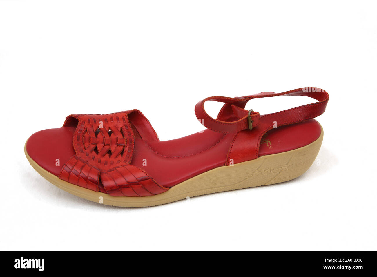 Red Leather open Toe Sandal with Wedge Heel Stock Photo