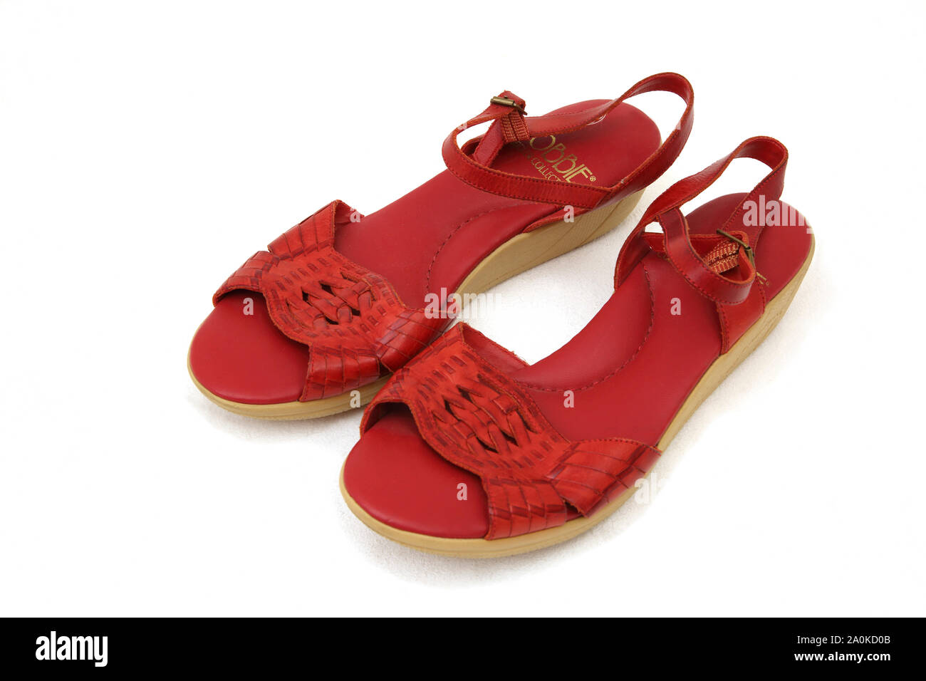 Red Leather open Toe Sandals with Wedge Heel Stock Photo
