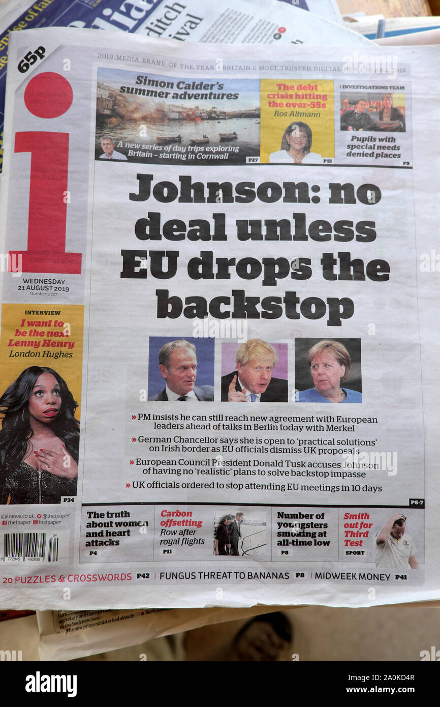 i newspaper front page headline 'Johnson: no deal unless EU drops the backstop' 21 August 2019 London England UK Stock Photo