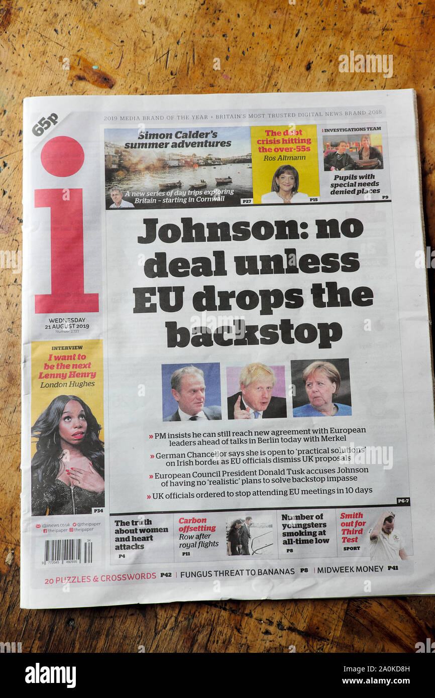 i newspaper front page headline 'Johnson: no deal unless EU drops the backstop' 21 August 2019 London England UK Stock Photo