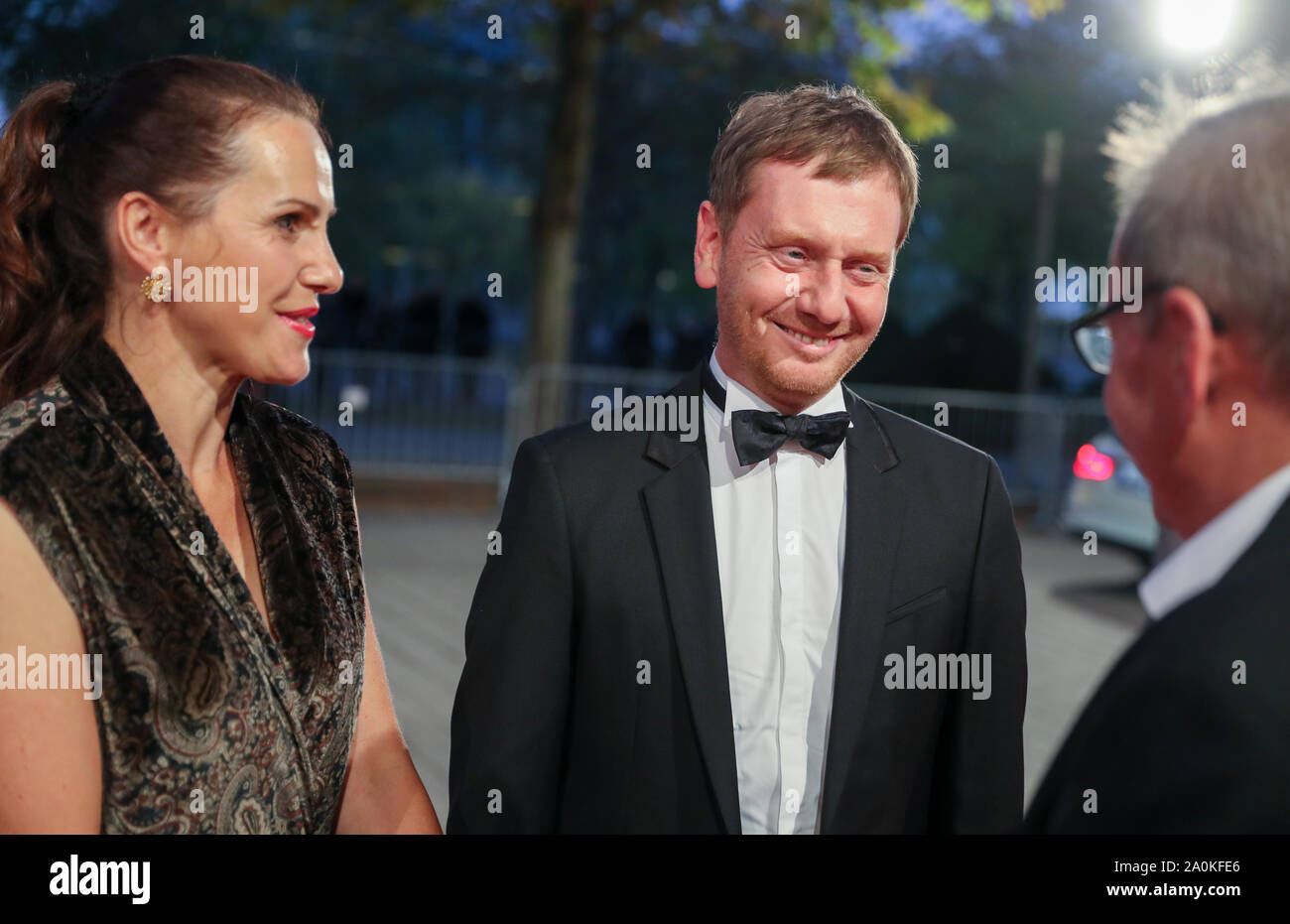 Leipzig, Germany. 20th Sep, 2019. Michael Kretschmer (CDU), Prime Minister of Saxony, comes with his partner Annett Hofmann to the television gala 'Goldene Henne'. A total of 53 nominees from show business, society and sport can hope for the award. The Golden Hen is dedicated to the GDR entertainer Hahnemann, who died in 1991. Credit: Jan Woitas/dpa-Zentralbild/dpa/Alamy Live News Stock Photo