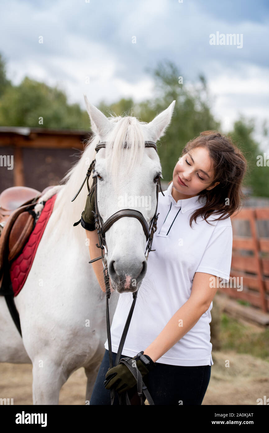 Young woman cuddling white racehorse and looking at her while chilling out Stock Photo