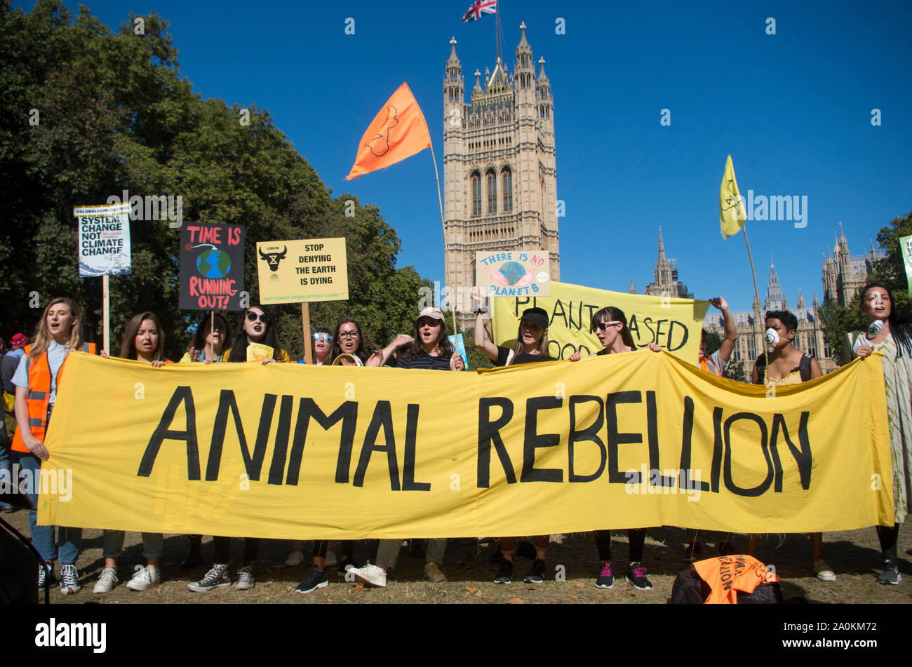 London, UK. 20 September 2019. Supporters of Animal Revolution, who are pushing for an immediate end to animal agriculture and fishing. Around 100,000 people, led by school children on strike, marched in Westminster, London, calling for urgent action to combat the climate crisis. Similar protests were held across the UK, and around the World. © Stuart Walden/ Alamy Stock Photo