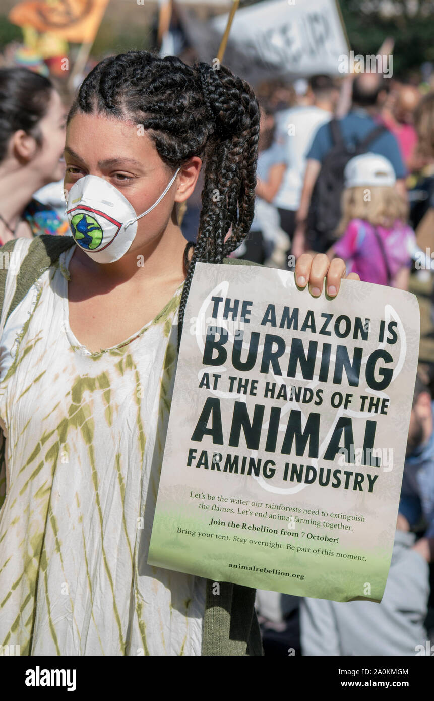 London, UK. 20 September 2019. Supporters of Animal Revolution, who are pushing for an immediate end to animal agriculture and fishing. Around 100,000 people, led by school children on strike, marched in Westminster, London, calling for urgent action to combat the climate crisis. Similar protests were held across the UK, and around the World. © Stuart Walden/ Alamy Stock Photo