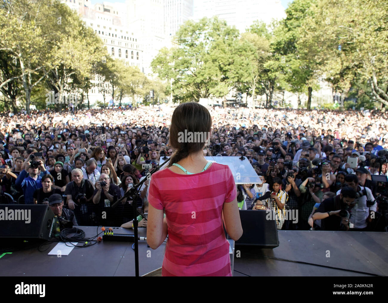 Swedish environmental activist Greta Thunberg speaks on the stage as thousands gather at Battery Park at the Global Climate Strike March in New York City on Friday, September 20, 2019. The Global Climate Strike week of action with worldwide strikes expected to stop 'business as usual' in the face of 'the climate emergency.     Photo by John Angelillo/UPI Stock Photo