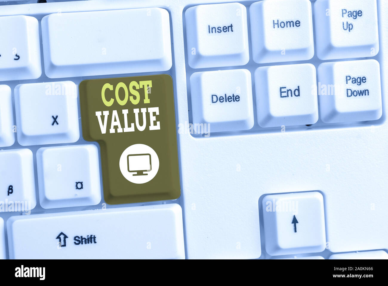 Text sign showing Cost Value. Business photo text The amount that usualy paid for a item you buy or hiring a demonstrating White pc keyboard with empt Stock Photo