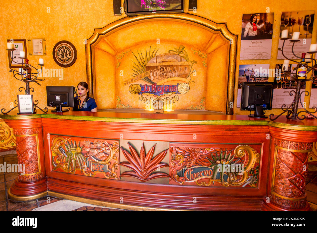 Front lobby desk at Jose Cuervo Tequila distillery, Tequila, UNESCO World Heritage Site, Jalisco, Mexico. Stock Photo