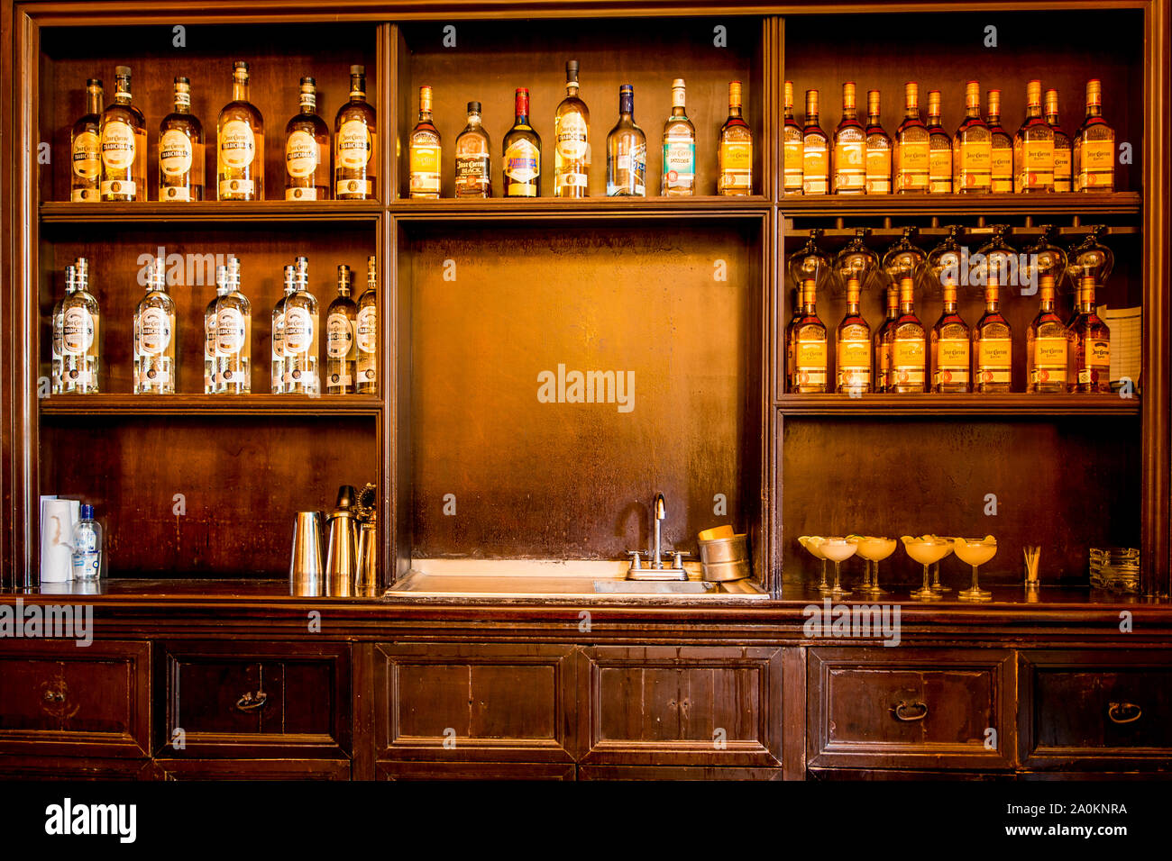 Display rack at Jose Cuervo Tequila distillery, Tequila, UNESCO World Heritage Site, Jalisco, Mexico. Stock Photo