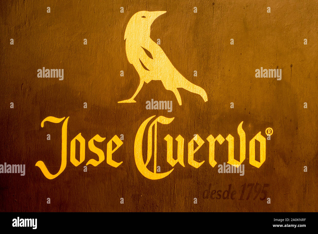 Raven symbol for Jose Cuervo Tequila distillery, Tequila, UNESCO World Heritage Site, Jalisco, Mexico. Stock Photo