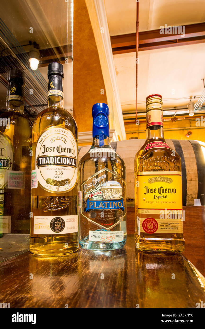 Bottles of Tequila at Jose Cuervo La Rojena Tequila distillery, Tequila, UNESCO World Heritage Site, Jalisco, Mexico. Stock Photo