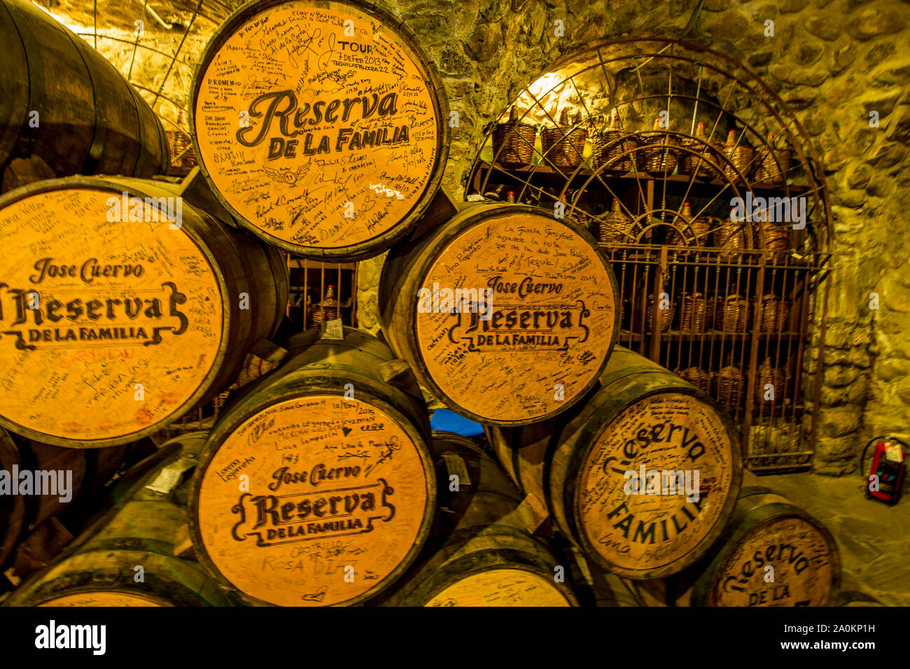 Wooden casks at Jose Cuervo La Rojena Tequila distillery cellar, Tequila, UNESCO World Heritage Site, Jalisco, Mexico. Stock Photo