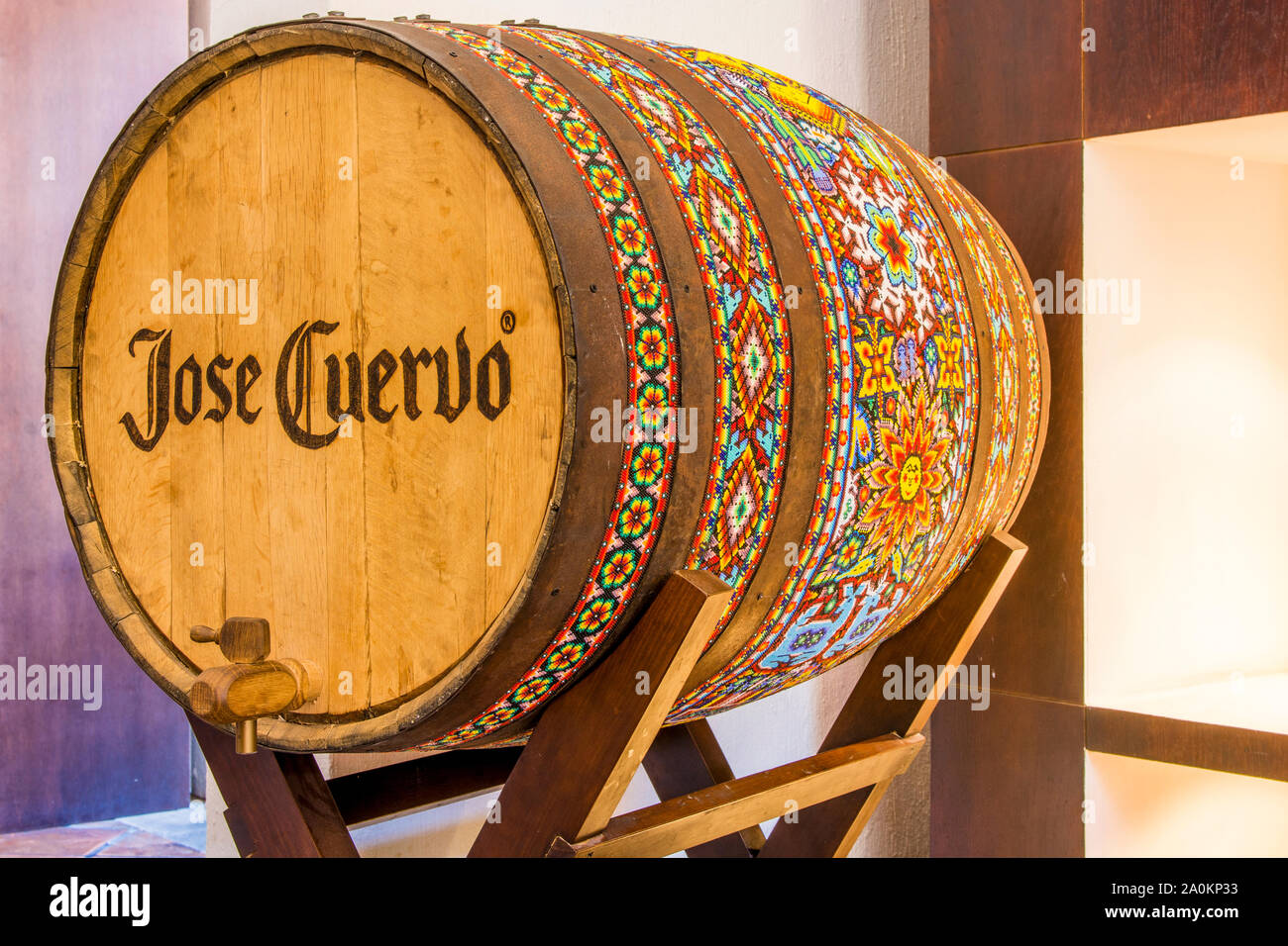 Decorated oak barrel at Jose Cuervo La Rojena Tequila distillery, Tequila, UNESCO World Heritage Site, Jalisco, Mexico. Stock Photo