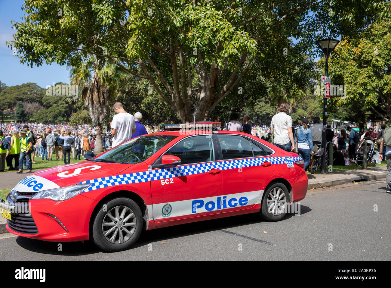Sydney police vehicle at the sydney climate change rally in Hyde Park,Sydney,Australia Stock Photo