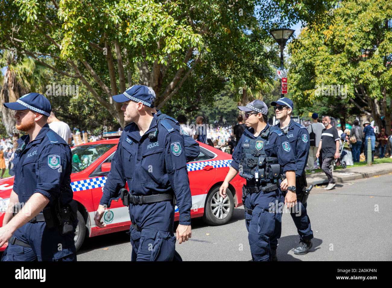 Sydney Australia, New South Wales public order and riot squad police officers maintain order during the climate change strike protest in Sydney Stock Photo