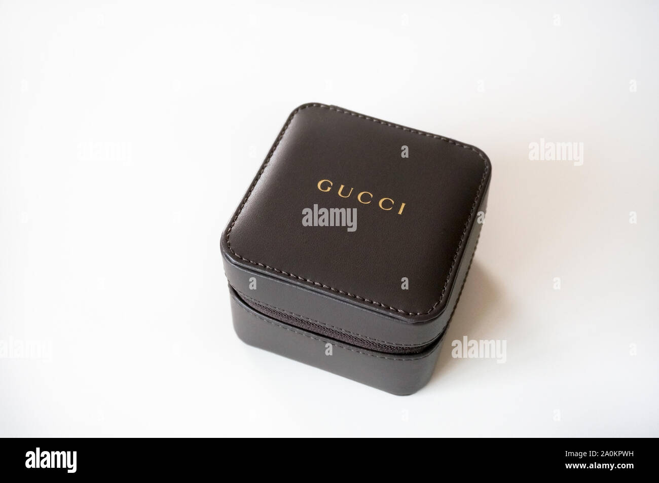 Alicante, Spain -September, 2019: Brown imitation leather jewelry travel  Gucci box close up on white background Stock Photo - Alamy