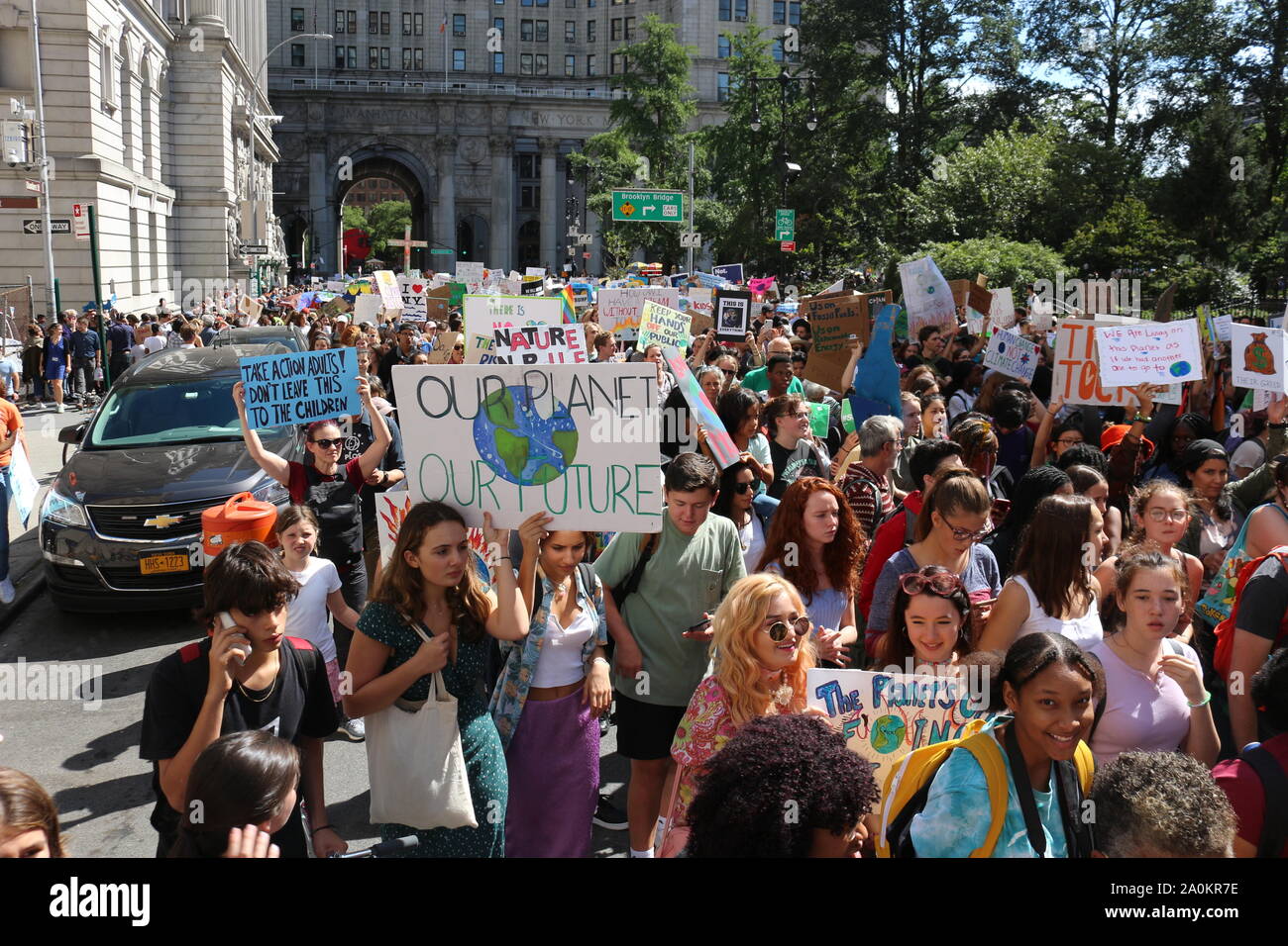 Thousands of students took New York City streets in Lower Manhattan to march against climate change on September 20, 2019. Stock Photo