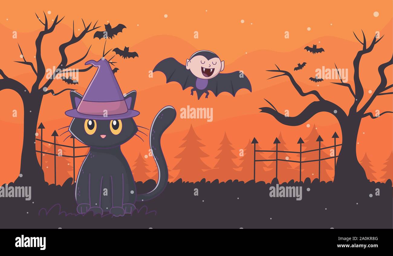 flying dracula and cat with hat halloween vector illustration Stock ...