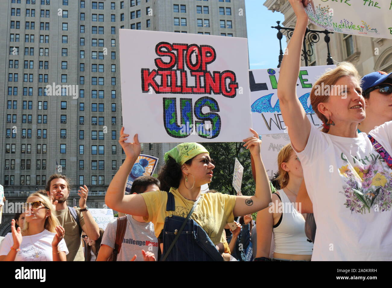 Thousands of students took New York City streets in Lower Manhattan to march against climate change on September 20, 2019. Stock Photo