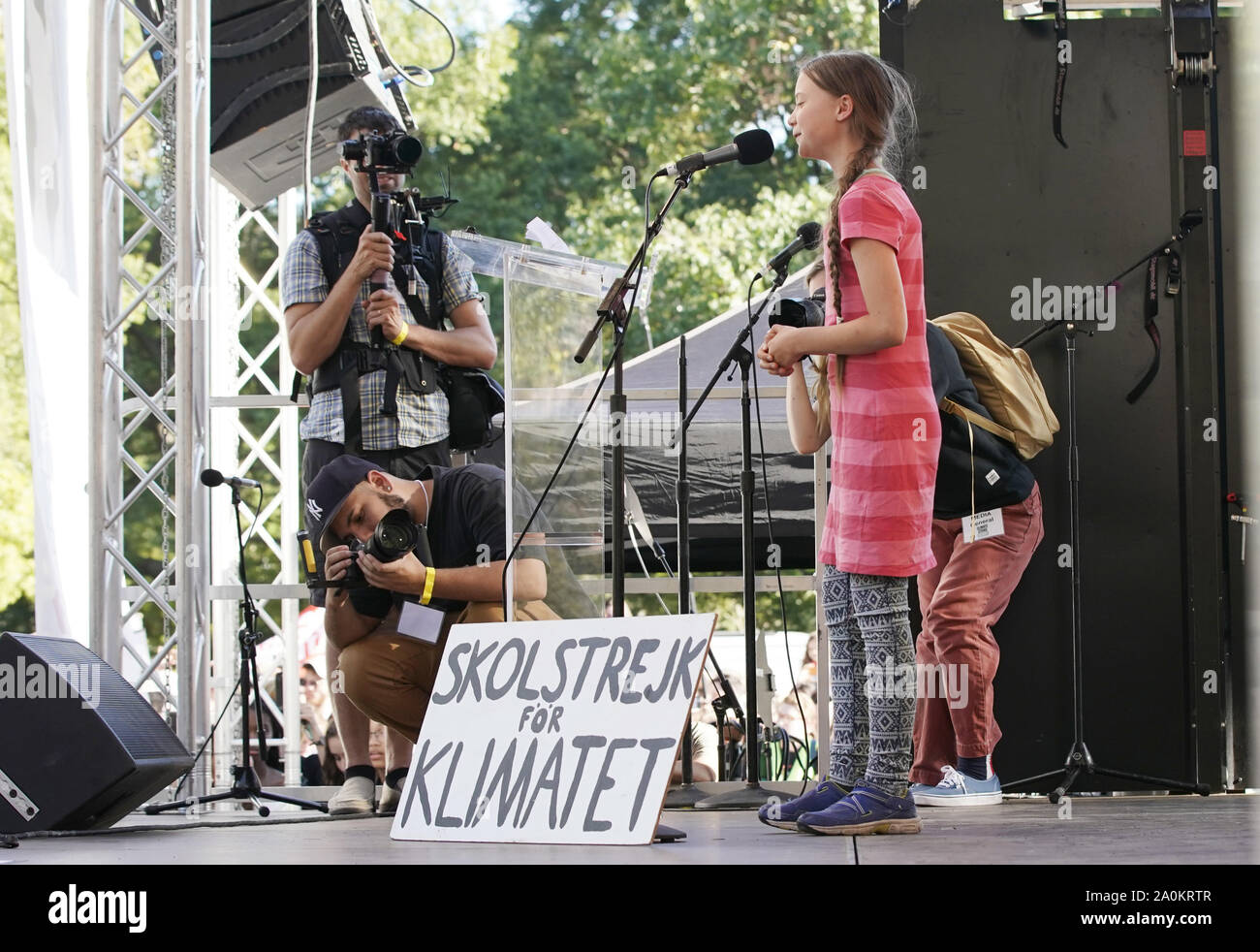 Swedish environmental activist Greta Thunberg speaks on the stage as thousands gather at Battery Park at the Global Climate Strike March in New York City on Friday, September 20, 2019. The Global Climate Strike week of action with worldwide strikes expected to stop 'business as usual' in the face of 'the climate emergency.     Photo by John Angelillo/UPI Stock Photo