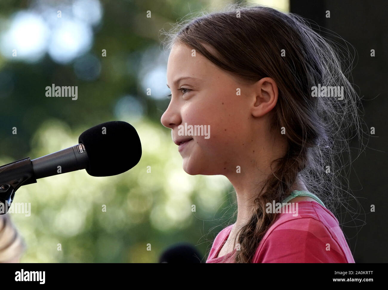 Swedish environmental activist Greta Thunberg speaks on the stage as thousands gather at Battery Park at the Global Climate Strike March in New York City on Friday, September 20, 2019. The Global Climate Strike week of action with worldwide strikes expected to stop 'business as usual' in the face of 'the climate emergency.     Photo by John Angelillo/UPI Stock Photo