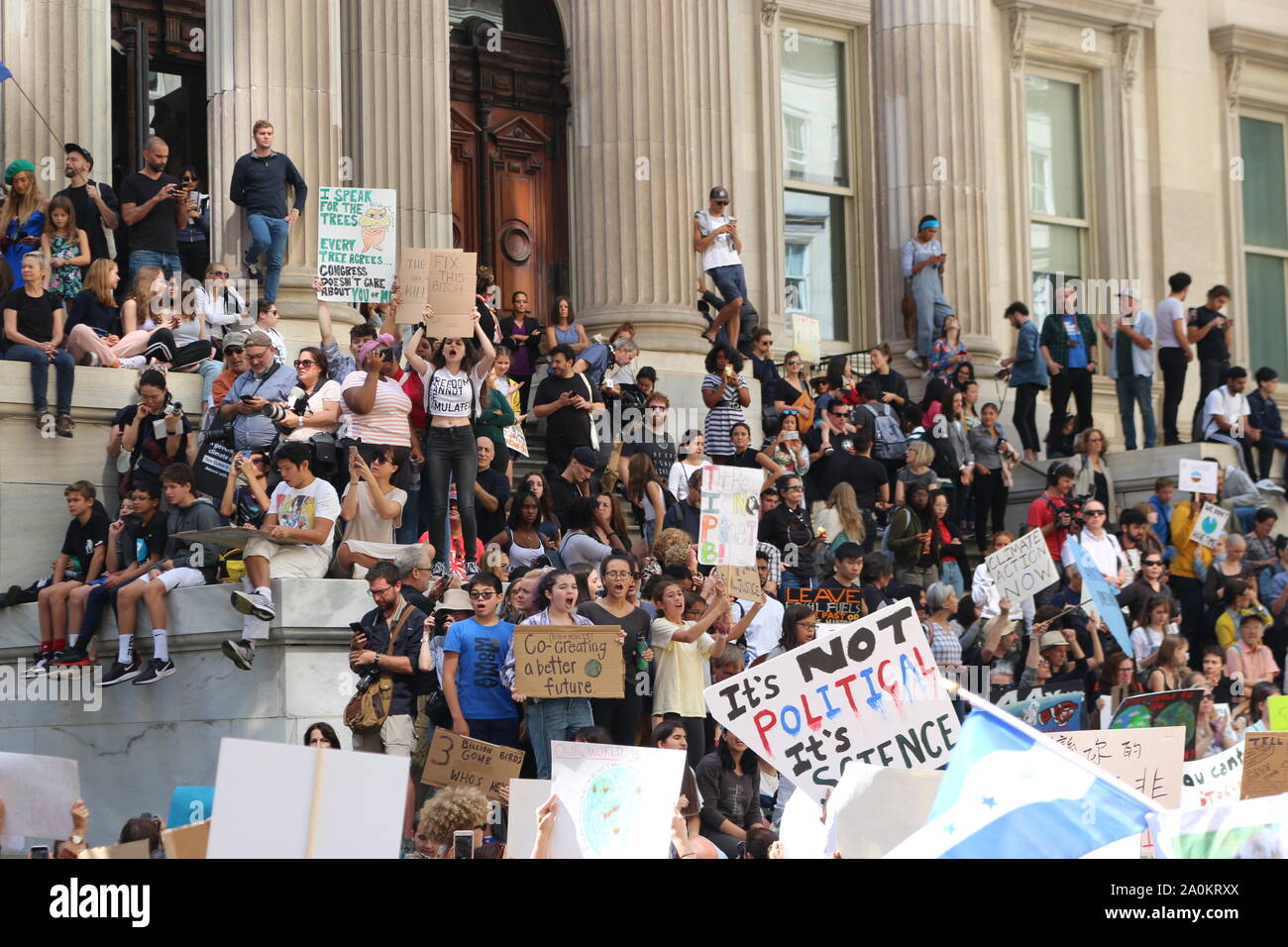 Thousands of students took New York City streets in Lower Manhattan to march against climate change on September 20, 2019. Stock Photo