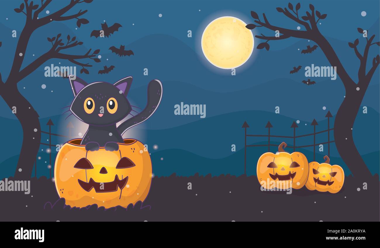 cute cat with lanterns pumpkins halloween vector illustration Stock ...