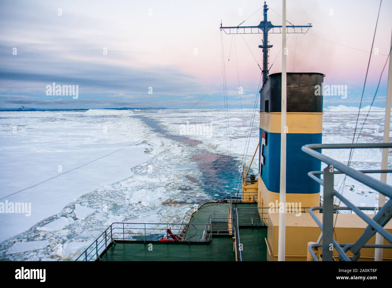 Icebreaker Kapitan Khlebnikov forging a path through the sea ice in the Weddell Sea, Antarctica Stock Photo