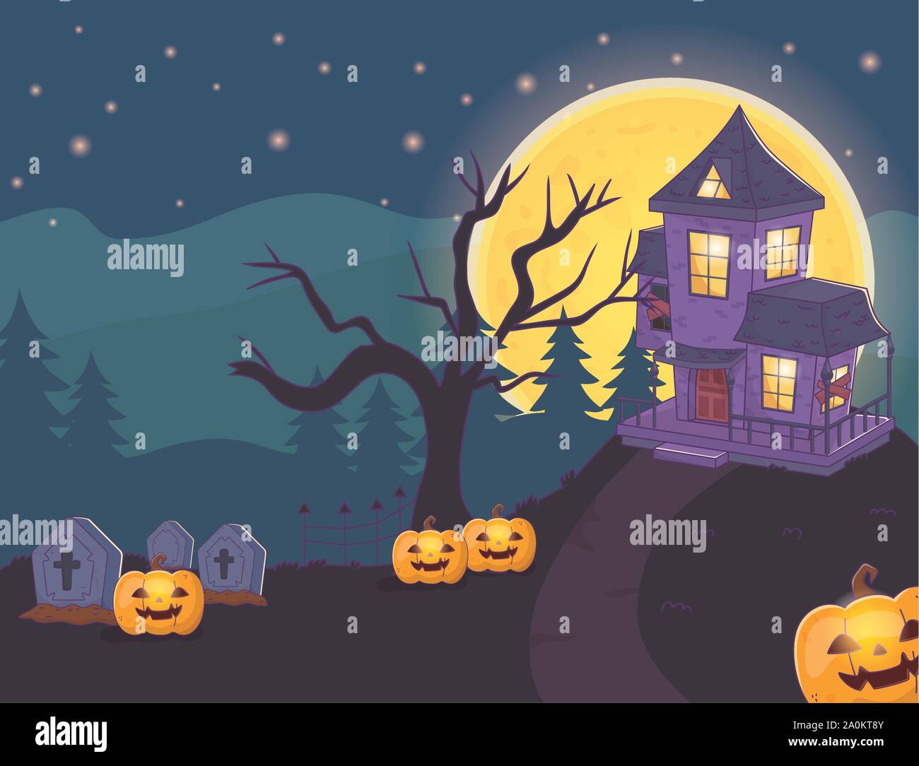 house cemetery pumpkins night halloween vector illustration Stock ...