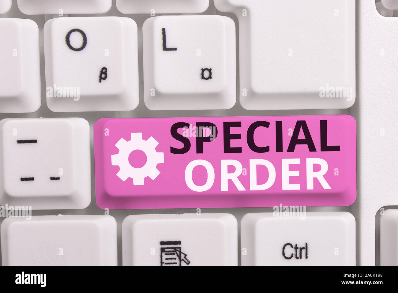 Writing note showing Special Order. Business concept for Specific Item Requested a Routine Memo by Military Headquarters White pc keyboard with note p Stock Photo