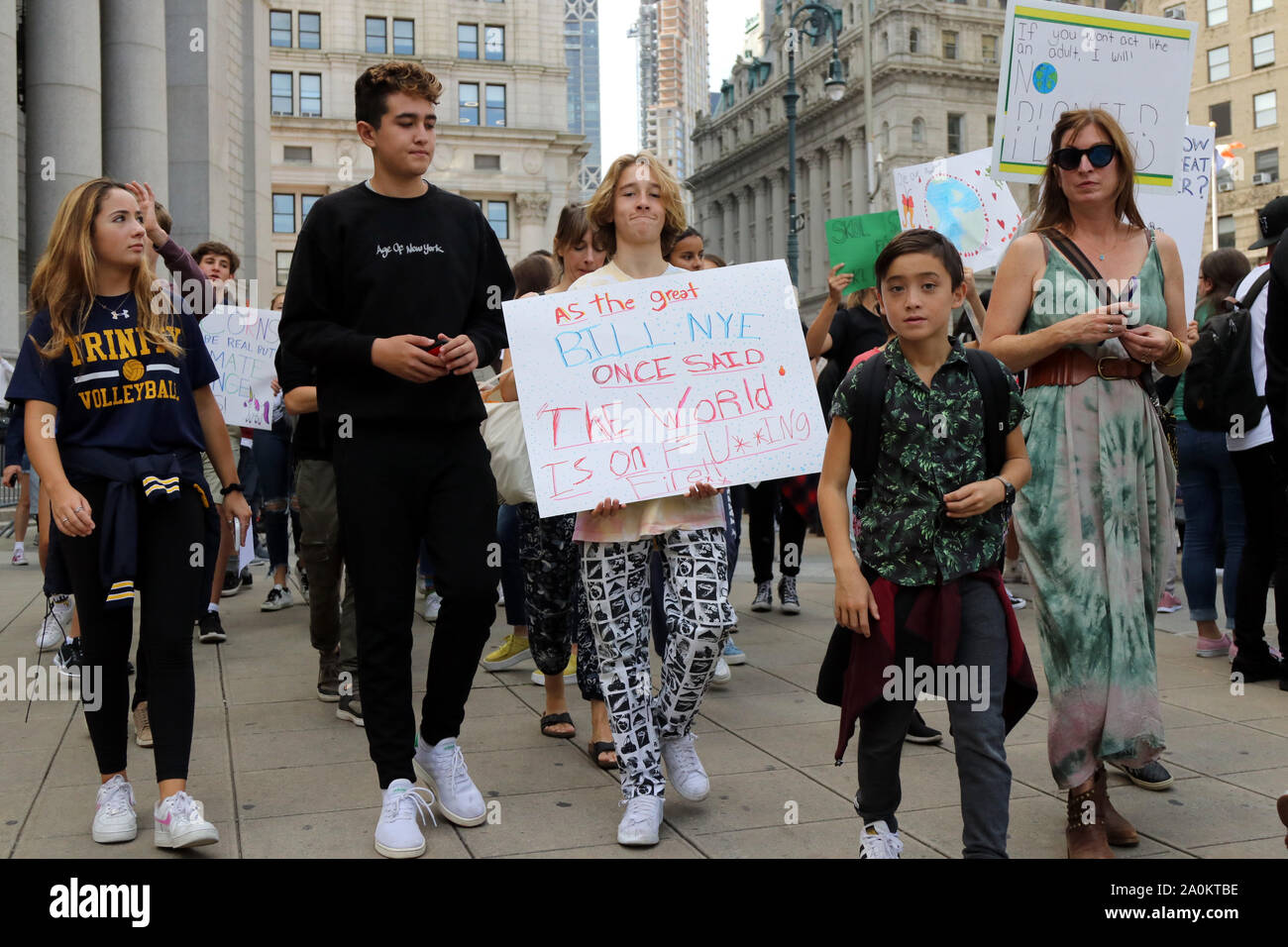 New York City, New York, USA. 20th Sep, 2019. Large crowd of students numbering in the tens of thousands joined others climate concern activists globally on 20 Sep, 2019, in Foley Square, Manhattan for a rally and march to Battery Park in Lower Manhattan in a Climate Strike inspired by Swedish climate activist Greta Thunberg, who addressed the large gathering. Credit: G. Ronald Lopez/ZUMA Wire/Alamy Live News Stock Photo