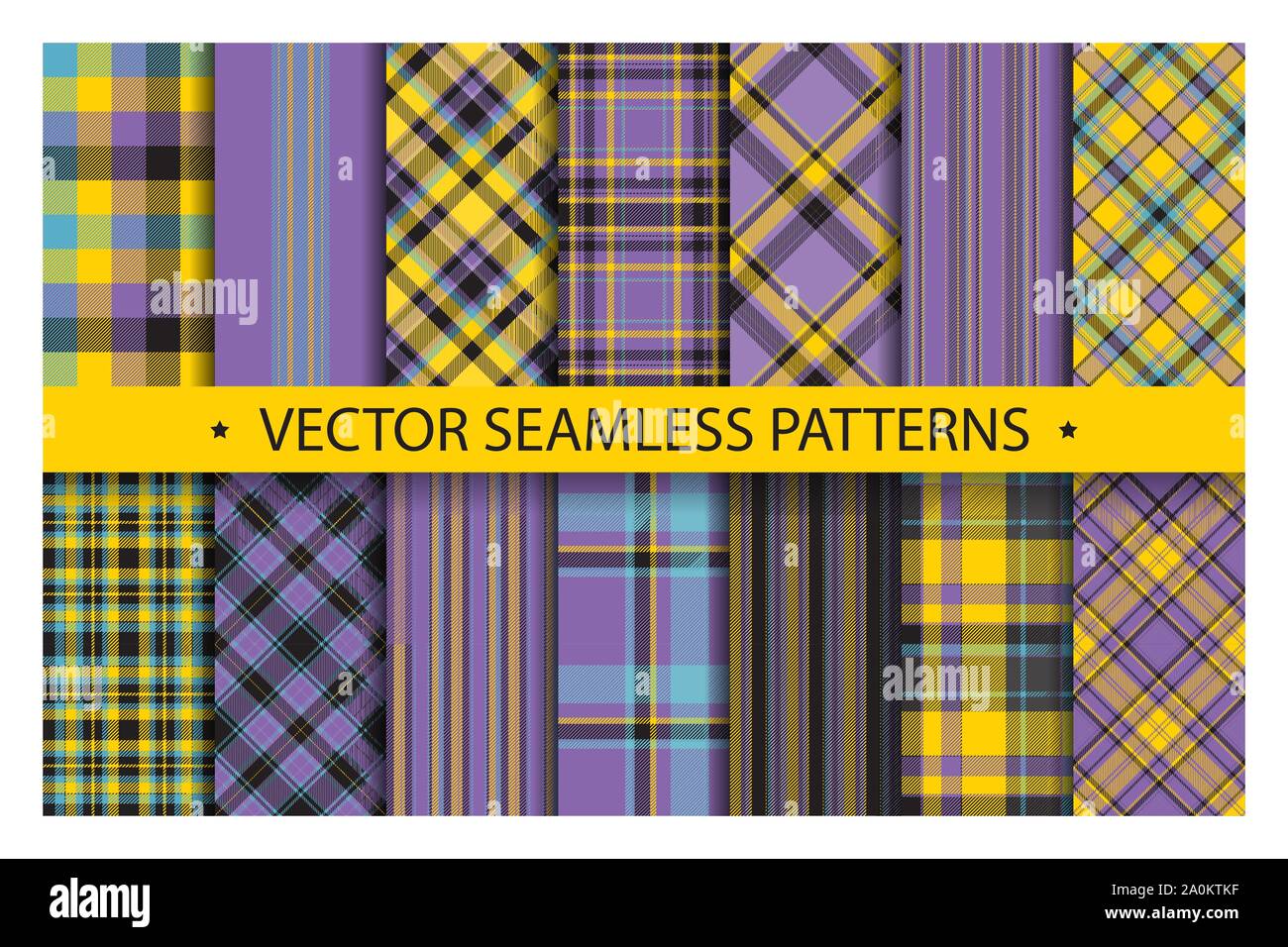 Set plaid pattern seamless. Tartan patterns fabric texture. Checkered geometric vector background. Scottish stripe blanket backdrop. Fashion cloth col Stock Vector